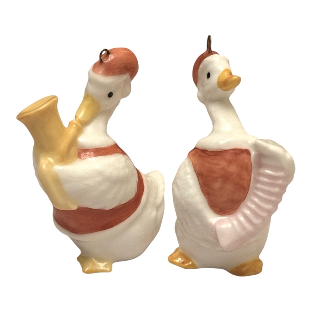 Enesco Vintage Porcelain Swan Duck Ornaments with Musical Instruments, 2 pc